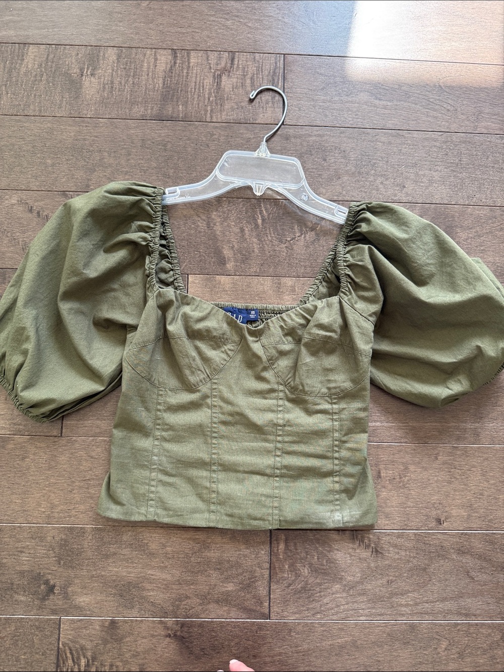 GAP Olive Green Puff-Sleeve Square Neck Top